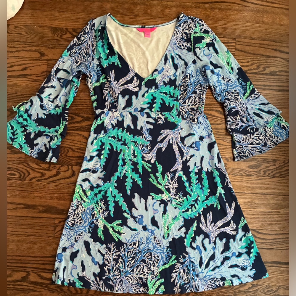 Lilly Pulitzer Raina Dress Deep Indigo Blue Swish and Sway Corals Medium - Picture 2 of 7